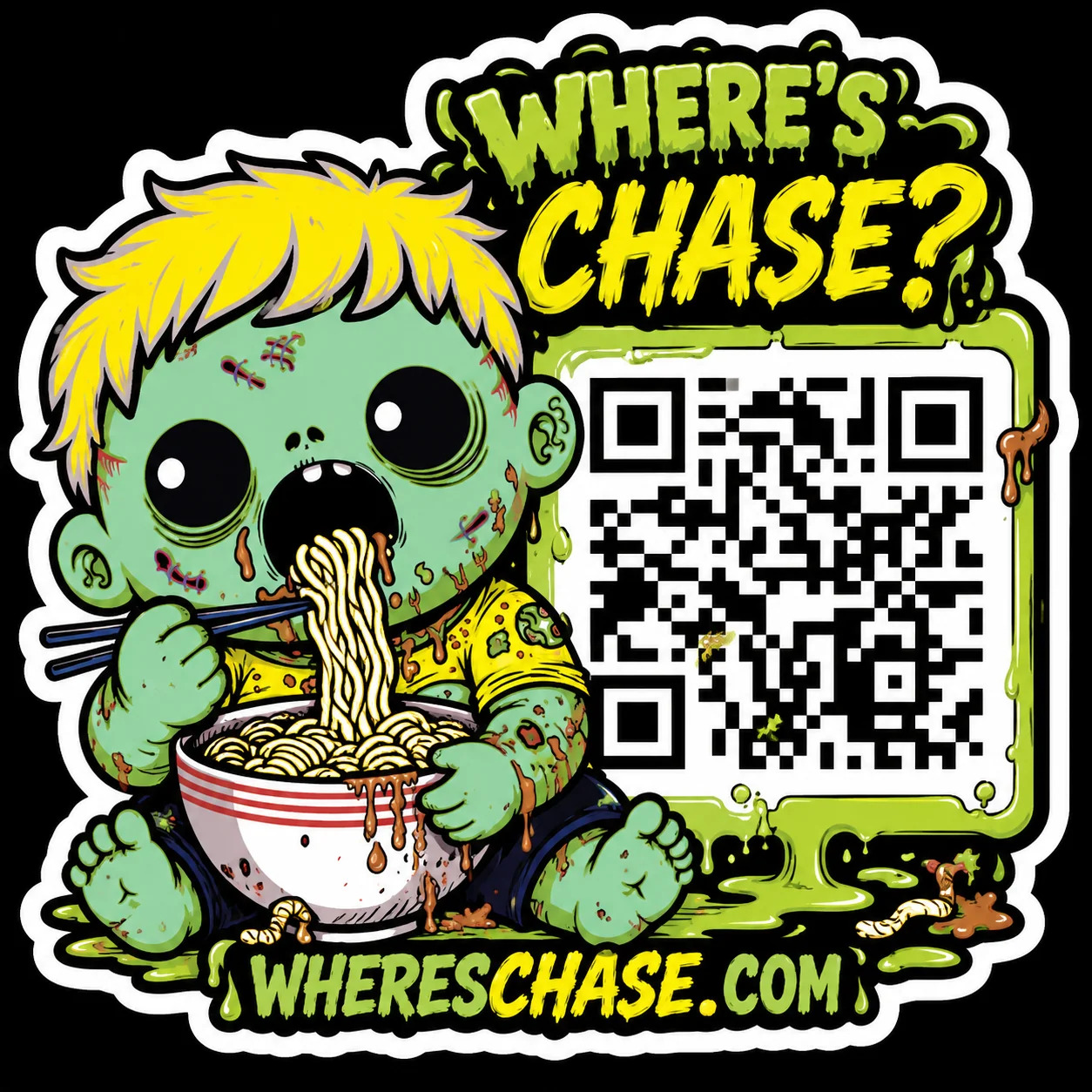Chase, a yellow-haired baby zombie, slurping ramen beside the Where’s Chase QR code